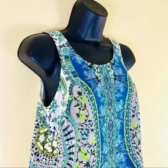 Etcetera Mandala Blue Floral Sleeveless Wrap Open Back Scoop Neck Top - Picture 1 of 10